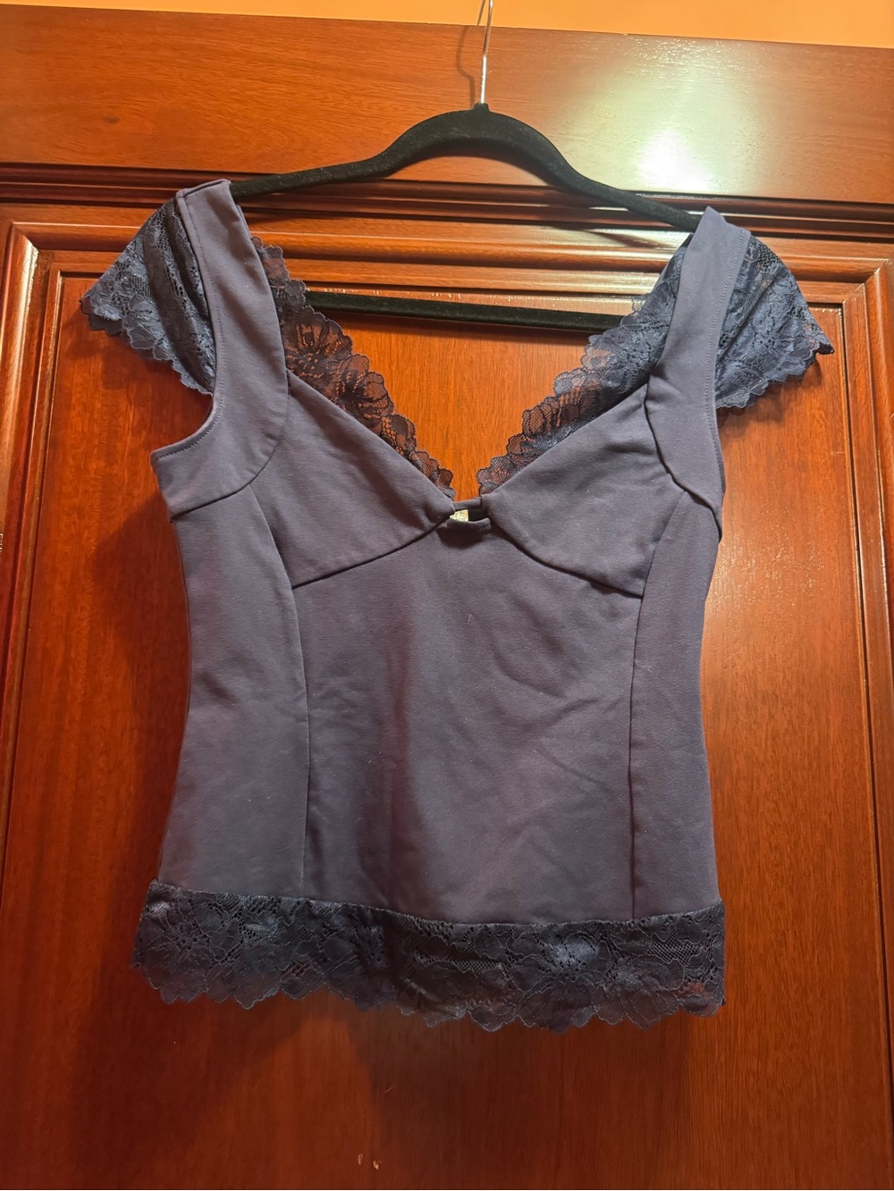 NWOT Intimately Free People Navy Lace-Trim Fitted Tee Size S - Picture 3 of 5